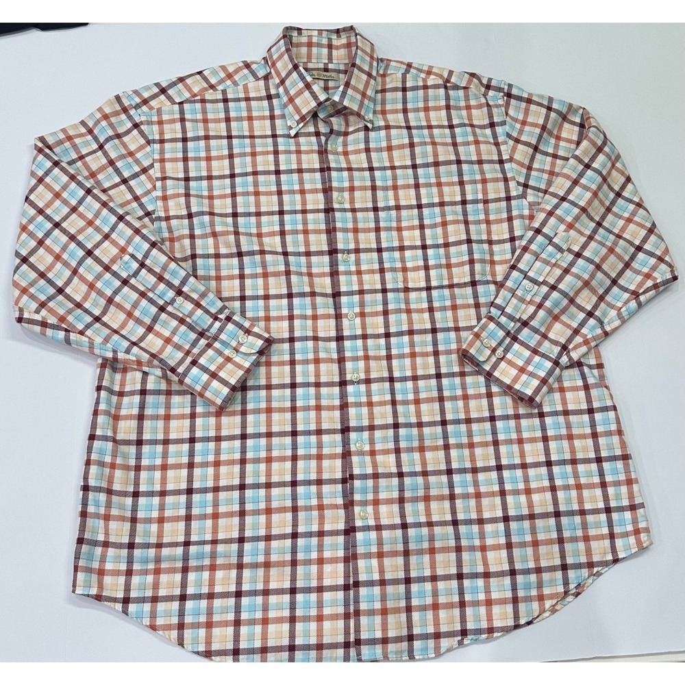 Peter Millar Mens XL Cotton Plaid Button Down Shirt Burgundy Blue Long Slv